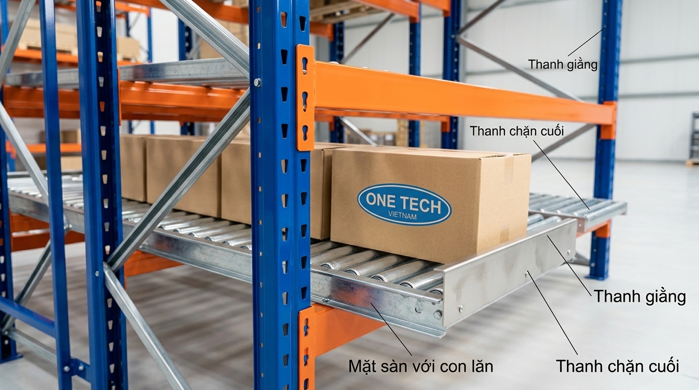 Cấu tạo kệ con lăn flowrack gồm khung thép ray con lăn và tấm chặn