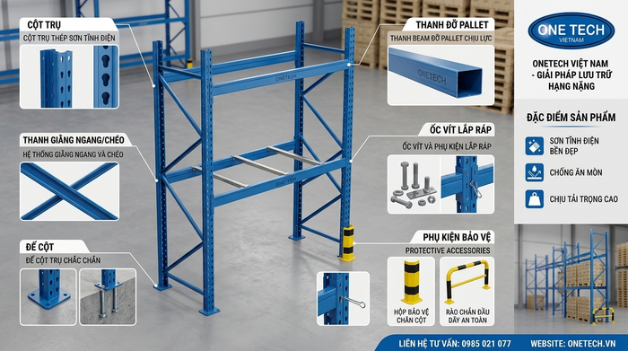 Cấu tạo kệ pallet tải nặng gồm chân trụ thanh beam và giằng Cấu tạo kệ pallet tải nặng gồm chân trụ thanh beam và giằng