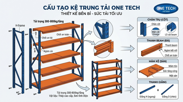 Cấu tạo kệ trung tải Khánh Hòa Cấu tạo kệ trung tải gồm chân trụ, thanh beam, mâm kệ và giằng