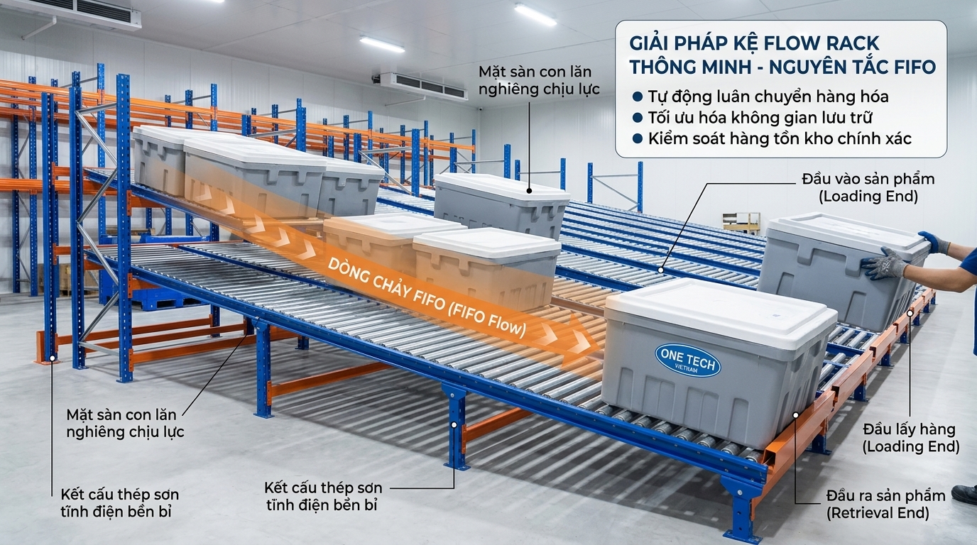 Nguyên lý FIFO của kệ Flow racks Khánh Hòa trong kho hàng