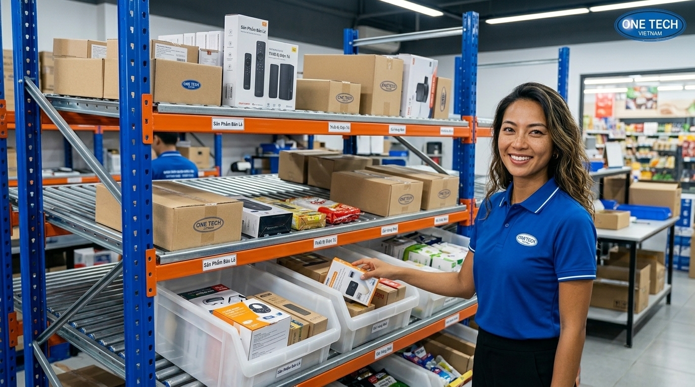 Kệ flowrack trong kho bán lẻ tại Nha Trang giúp lấy hàng nhanh