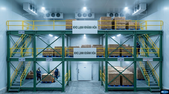 Kệ sàn mezzanine trong kho thủy sản đông lạnh Khánh Hòa