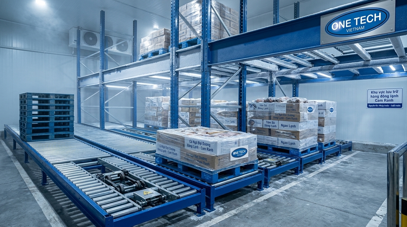 Kệ tải trọng nặng kho lạnh Cam Ranh sử dụng ray con lăn cho pallet