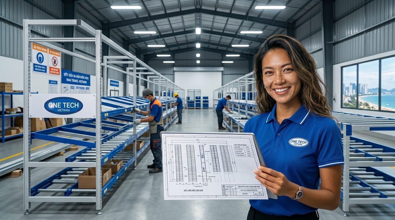 Lắp đặt kệ flow rack Nha Trang theo bản vẽ khảo sát kho thực tế