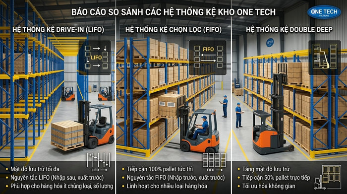So sánh kệ drive in và kệ selective trong kho pallet