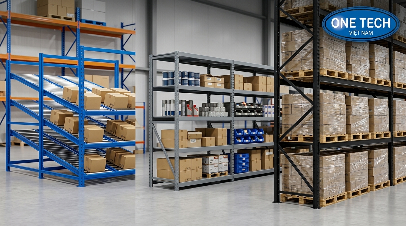 So sánh kệ flowrack kệ trung tải và kệ pallet trong kho hàng