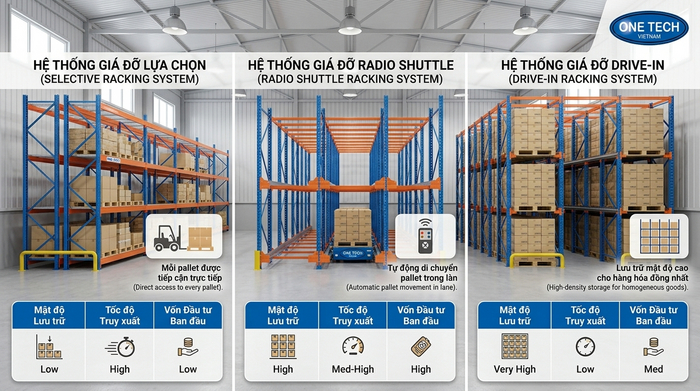 So sánh kệ Radio Shuttle với kệ Selective và Drive In