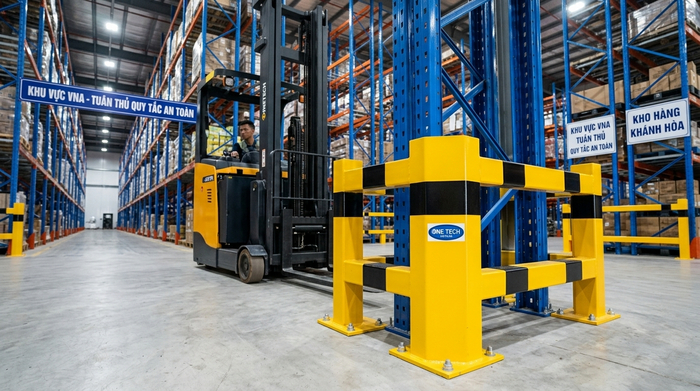 Bảo vệ chân kệ Narrow Aisle cho kho vận hành an toàn Bảo vệ chân kệ VNA trong kho Khánh Hòa giúp giảm va chạm xe nâng