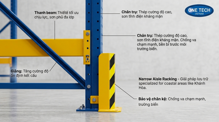 Cấu tạo hệ thống kệ Narrow Aisle cho kho Khánh Hòa Cấu tạo kệ Narrow Aisle Khánh Hòa gồm chân trụ thanh beam giằng và bảo vệ chân kệ