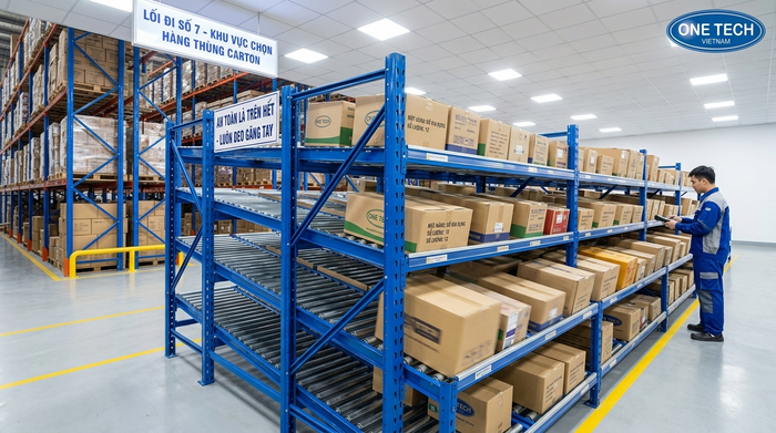 Kệ carton flow tối ưu lấy hàng theo thùng và đơn lẻ Kệ carton flow phục vụ soạn đơn trong kho thương mại điện tử