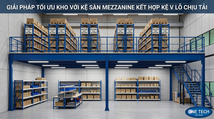 Hệ thống sàn lửng Mezzanine tối ưu không gian Kệ sàn Mezzanine kết hợp kệ V lỗ chịu tải