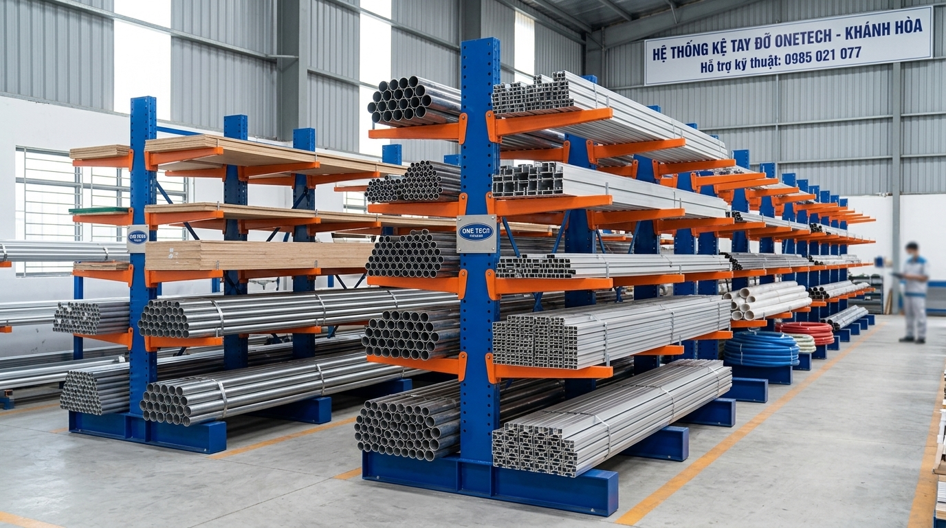 Kệ tay đỡ lưu trữ hàng dài trong kho tại Khánh Hòa