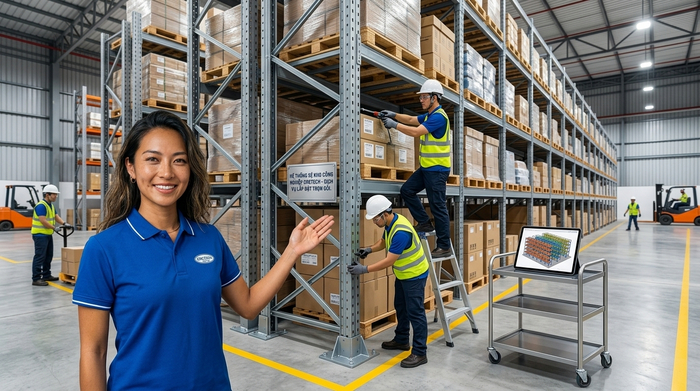 Quy trình lắp đặt chuyên nghiệp chuẩn an toàn Đội ngũ kỹ thuật lắp đặt kệ sắt công nghiệp tải nặng
