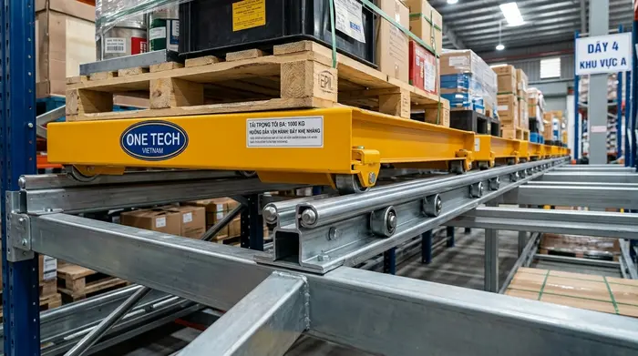 Ray trượt kệ Push Back Khánh Hòa Chi tiết ray trượt kệ Push Back giúp pallet di chuyển an toàn