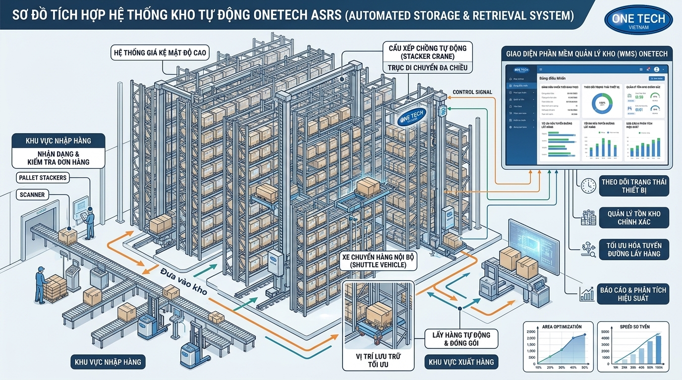 Sơ đồ hệ thống kệ kho ASRS Khánh Hòa gồm khung kệ robot và phần mềm quản lý