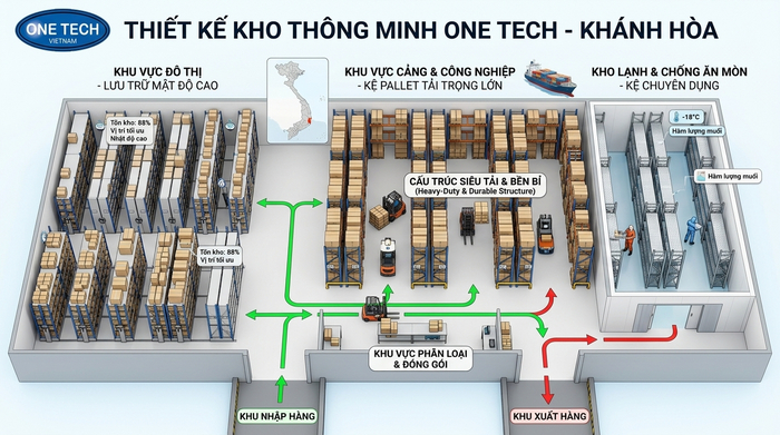 Sơ đồ bố trí kệ kho thông minh Khánh Hòa theo luồng xuất nhập hàng