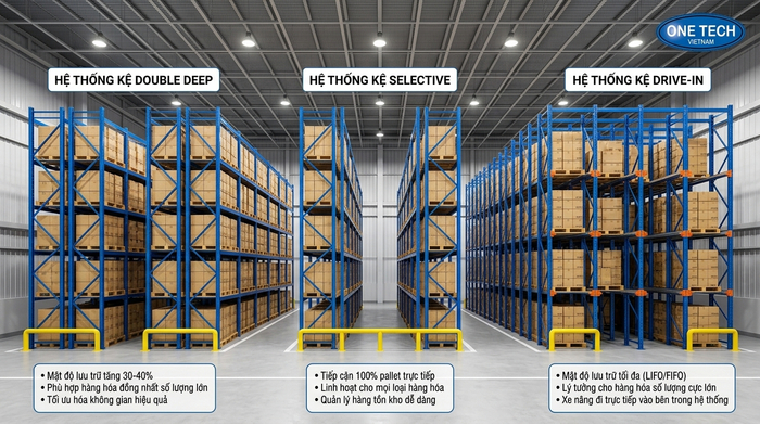 So sánh Kệ Double Deep với kệ Selective và kệ Drive-In