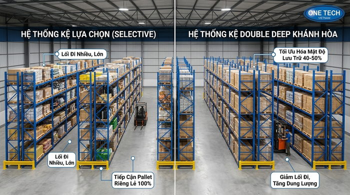 So sánh Kệ Double Deep Khánh Hòa và kệ Selective trong tối ưu diện tích