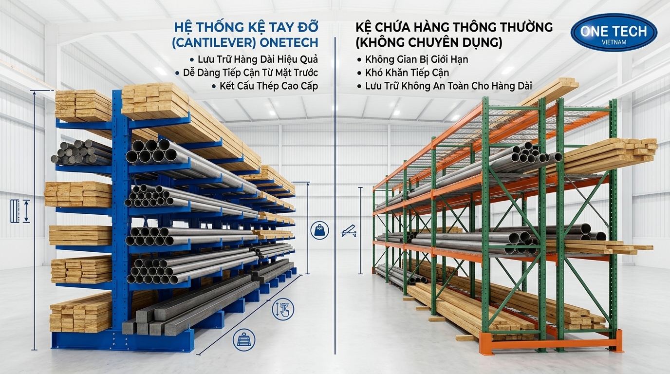 So sánh kệ tay đỡ và kệ thông thường cho hàng dài