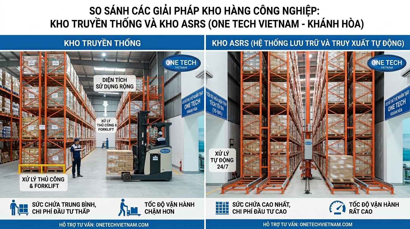 So sánh kho truyền thống và kho ASRS tại Khánh Hòa về diện tích và tốc độ vận hành
