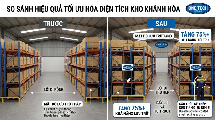 Tối ưu mặt bằng kho bằng kệ Push Back Khánh Hòa So sánh mặt bằng kho trước và sau khi lắp kệ Push Back tại Khánh Hòa