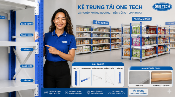 Cấu tạo kệ tải trọng nhẹ Khánh Hòa Cấu tạo kệ tải trọng nhẹ gồm chân trụ mâm kệ và thanh giằng