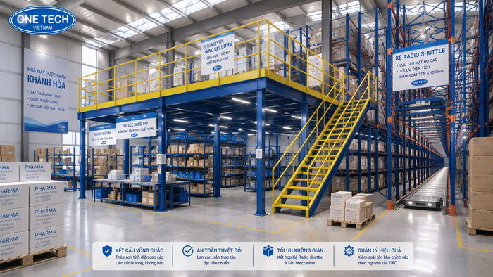 Kệ sàn lửng tối ưu diện tích kho dược phẩm Kệ sàn lửng Mezzanine cho kho dược phẩm tại Khánh Hòa