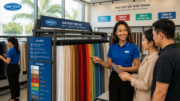 Kệ treo vải showroom Nha Trang Kệ treo vải cho showroom và cửa hàng vải tại Nha Trang