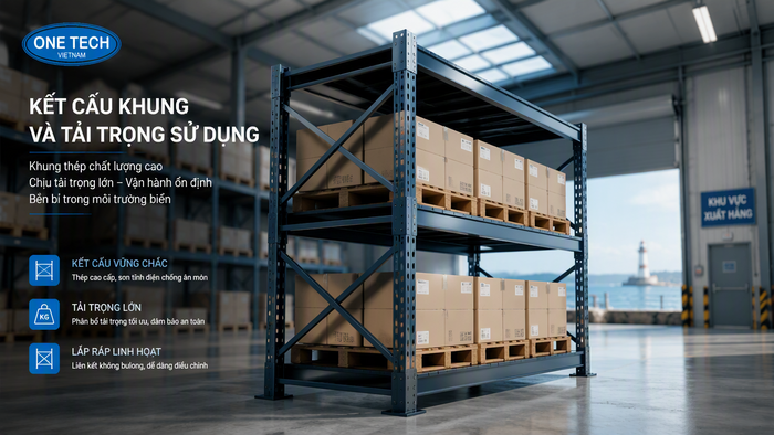 Kết cấu kệ xếp chồng thép Kết cấu kệ xếp chồng thép gồm chân trụ khung đáy và thanh giằng