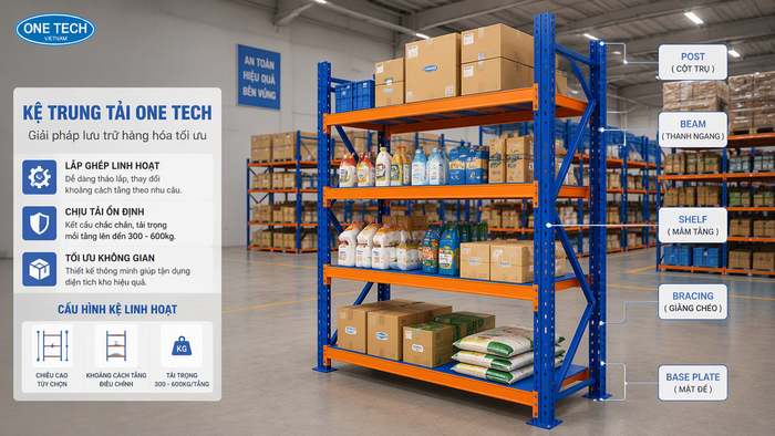 Cấu tạo kệ trung tải gồm chân trụ beam mâm tầng và giằng chịu lực